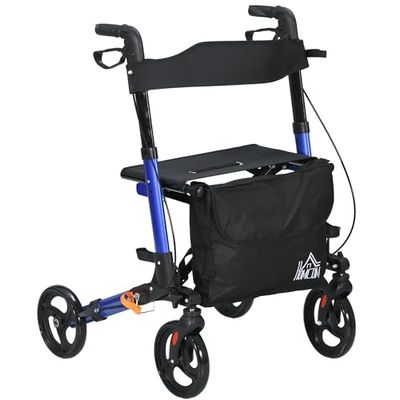 HOMCOM 4 Wheel Rollator with Seat and Back, Folding Mobility Walker with Carry Bag, Adjustable Height, Dual Brakes, Cane Holder, Lightweight Aluminium Walking Frame for Seniors and Disabled, Blue