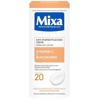 Mixa Anti-pigmentfläcks-kräm, för ojämn, blek och känslig hud med C-vitamin och niacinamid, lämplig för ansikte och hals, SPF 20, allergivänlig, 50 ml