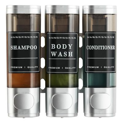 Dispensador de champú y acondicionador, dispensador de ducha de 3 cámaras, sin taladro, dispensador de champú montado en la pared para ducha, dispensador de gel corporal montado en la pared para baño,