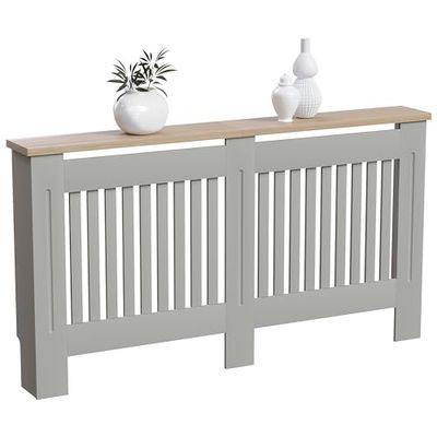 Vida Designs Arlington Radiatorafdekking, moderne, grijs-gelakte kast van vezelplaat met gemiddelde dichtheid, lamellen, groeven, bovenste plank van hout, groot