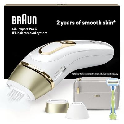 Braun IPL Silk Expert Pro 5, Visible Permanent Hair Removal For Women & Men With Venus Razor and Precision Head, Premium Pouch, Alternative For Laser Hair Removal, PL5124, White/Gold