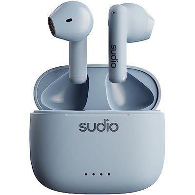 sudio A1 Blue, słuchawki douszne z Bluetooth, sterowanie dotykowe z kompaktową, bezprzewodową ładowarką chroniącą IPX4, przepuszczające hałas słuchawki z wbudowanym mikrofonem, Premium Crystal Sound