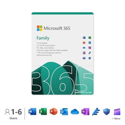 Microsoft 365 Family | 12-Month Subscription | Up to 6 People | Word, Excel, PowerPoint | 1TB OneDrive Cloud Storage | PC/Mac Download | Activation Required