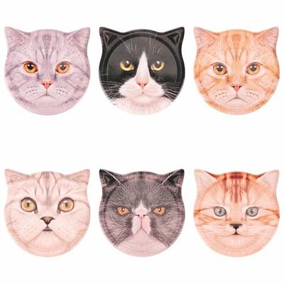 Set van 6 decoratieve tegels 10,5 x 10,8 cm van aardewerk, onderkant van kurk, cats