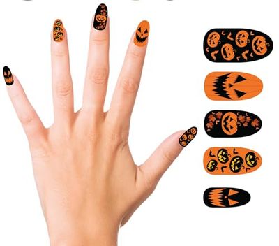 FIESTAS GUIRCA | Pumpkin Fake Nails with Glue - Makeup Accessory for Halloween and Carnival Parties - Ideal for Adult Women - Multicolour