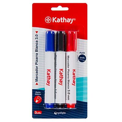 Kathay 86211399. Confezione da 3 pennarelli per lavagna bianca, colore blu, nero, rosso, punta conica 3 mm
