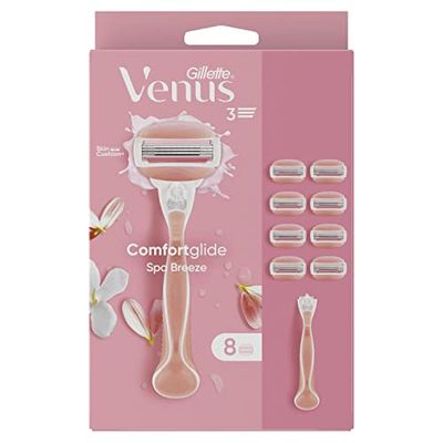 Gillette Venus Comfortglide Spa Breeze Women's Razor + 8 Razor Blade Refills, Lubrastrip with A Touch of Botanical Oils, 2 Flexible Gel Bars for A Comfortable Shave