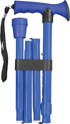 Folding Adjustable Walking Stick with Ergonomic Rubber Handle, 5 Height Settings, Lightweight Aluminum, Wrist Strap, and Non-Slip Tip. Compact for Travel. Supports up to 100kg. Blue