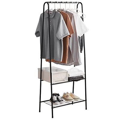 Metal Clothes Rail Hanging Rack Garment Display Stand Storage Shelf Small Clothes Rail Rack with Shelves Coat Rack Organiser Clothes Stand and Rack with Garment Rail for Home Hallway Bedroom Black