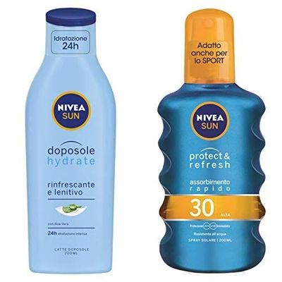 Nivea Sun Protect & Refresh Spray Solare Trasparente FP30, Protezione Alta, 200 ml + Nivea Sun Latte Doposole Hydrate, Rinfrescante e Lenitivo con Aloe Vera, 200 ml