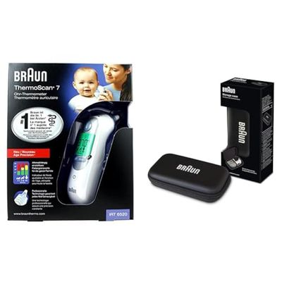 Braun ThermoScan 7 Age precisie-oorthermometer, stil, kleurgecodeerd temperatuurdisplay, baby, IRT6520 & Braun Beschermende Opbergtas voor Thermoscan Oorthermometer, Zwart