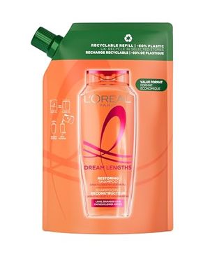 L’ORÉAL PARIS - Éco-Recharge Shampooing Reconstructeur - Pour Cheveux Long et Abîmés - Enrichi en Kératine Végétale et Huile de Ricin - Elseve Dream Long - 500 ml