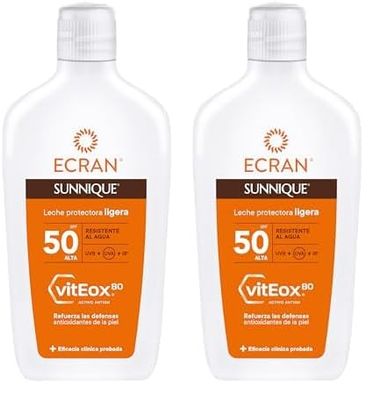 Ecran Sunnique - Leche Protectora Solar FPS 50, Protección UVB + UVA e IR-A, Refuerza las Defensas, Protege la Piel, Hidratación 24 h, Fórmula con VitEox 80, para Toda la Familia - 370 ml