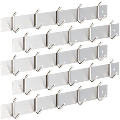 RICOO Roestvrij stalen garderobehaken MH028S-5x5, wandhaken, zilver, robuuste haaklijst voor wandmontage, 5 stuks, kledinghaken, garderobe in elegant design, veelzijdig inzetbaar, duurzaam en