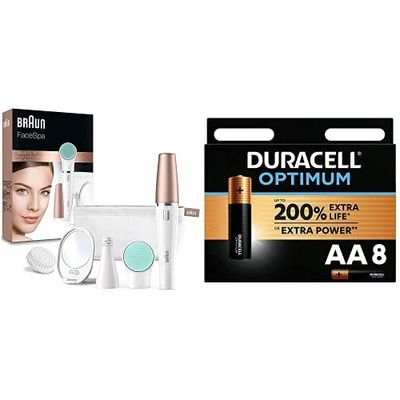 Braun Face Spa, Epilatore Donna Viso, Accessori Inclusi, Specchio e Pochette, Rivitalizza il Viso, 851V Bianco + Duracell NUOVO Optimum AA, Batterie Stilo Alcaline, Confezione da 8, 1.5 V LR6 MX1500