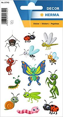 HERMA 15742 Pegatinas de insectos pequeños, 39 unidades, pegatinas con araña, libélula, oruga, caracol, mariquita, gusano, pajarita para niños, etiquetas para álbum de fotos, diario, scrapbooking,