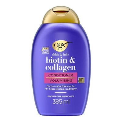 OGX Balsamo Thick & Full + Biotin & Collagen, Balsamo volumizzante capelli con Biotina e Collagene, Trattamento capelli fini dall'effetto rinforzante per una chioma corposa e sana, 385 ml