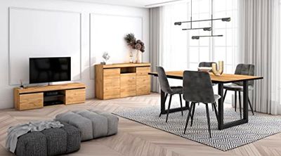 Skraut Home - Ensemble de Meubles de Salon | Table 170 Front Noir Pieds U 8 convives | Meuble TV 140 | Crédence/Buffet 140 | Chêne et Noir | Style Industriel