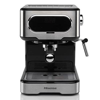 Hisense, HESCM15DBK, Macchina da caffè espresso manuale, macinato e compatibile con cialde ESE 44 mm, Pressione 15 bar, Schermo Touch, 1100W, Silver, 27.4x30x27.2 cm