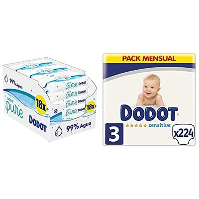 Dodot Aqua Pure Lingettes pour bébé, 99% d'eau, 864 lingettes, 18 paquets (18 x 48) & Sensitive - Couches pour bébé Talla 3 (224 Unidad)