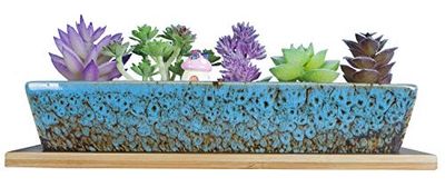 ARTKETTY 25 cm keramiska krukor för suckulenter, moderna långa rektangulära blommor växtbehållare med bricka, grund kaktus bonsai fönsterlåda med dränering för inomhus/utomhus heminredning (blå)