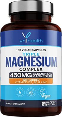 Vegan Magnesium Supplements with Zinc, 180 Capsules, Triple Magnesium Complex Supplement Plus Vitamin D, B6 & Copper, Vegan Society Registered, Made in The UK by YrHealth