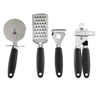Russell Hobbs RH03233EU7 - Juego de utensilios de cocina de 4 piezas, colección Venus, pelador, abrelatas, cortador de pizza, rallador, gancho para colgar, asas suaves al tacto, fácil limpieza,