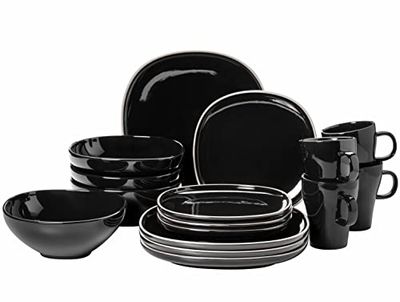 MÄSER Série Isora Ensemble de vaisselle moderne pour 4 personnes avec des formes carrées sans bordures, service de table 16 pièces en céramique de qualité supérieure, grès, noir