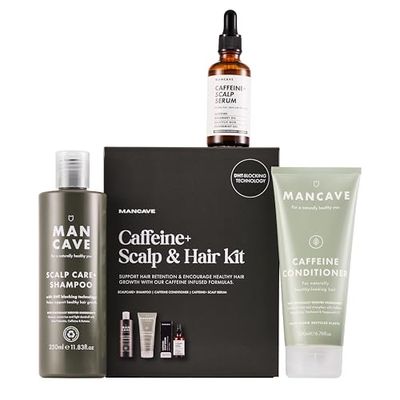 ManCave Caffeine+ Scalp & Hair Kit with 3 Haircare Essentials for Healthier Hair and Scalp, Scalp Care Shampoo, Caffeine Conditioner and Caffeine+ Scalp Serum, Sulphate Free, Vegan, Cruelty Free