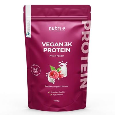 Nutri + Yoghourt à la framboise Poudre de protéines végétalienne 1kg - 80% de protéines - 3k poudre de protéines - sans lait, lactose et gluten Mélange de protéines 1000g - Vegan