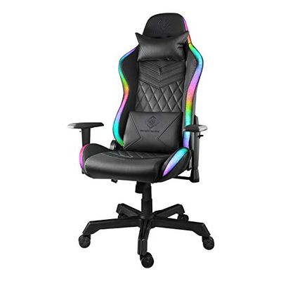 DELTACO GAMING Silla Gamer Chair – Silla de Videojuegos con reposabrazos Respaldo y cojín, Silla de Oficina ergonómica, Resistente, Silla Gaming, iluminación RGB, Piel sintética, 120 kg, Color Negro