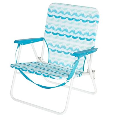 AKTIVE 62408 Sedia da spiaggia pieghevole con schienale basso, tasca posteriore e maniglia per il trasporto, struttura in acciaio, poliestere traspirante e stampa blu, misure 45 x 40 x 70 cm