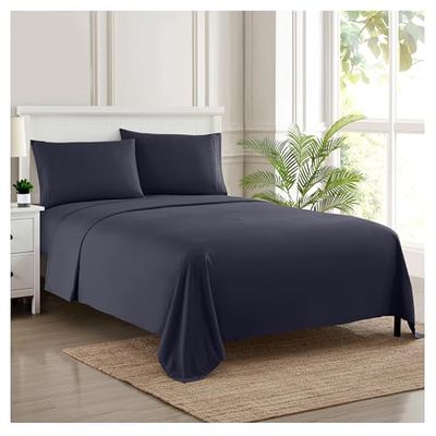Sweet Home Collection 1800 fios, microfibra escovada macia de qualidade egípcia conjunto de roupa de cama de luxo bancada, lençol de baixo, 2 fronhas de almofada, encontra duplo, azul-marinho, rei