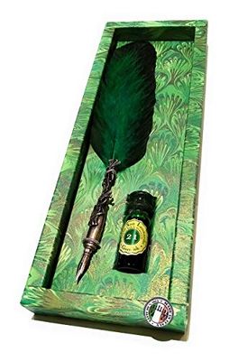 SET SCRITTURA PERSONALIZZABILE con piuma VERDE con puntale in peltro decorato in confezione regalo.