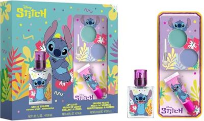 Disney Stitch Natural Kids Perfume & Makeup Gift Set – Eau de Toilette Spray 30ml, Lip Gloss & Eyeshadow Palette with Brush | Vegan & Dermatologically Tested | Safe Beauty Gift Set for Girls Aged 3+