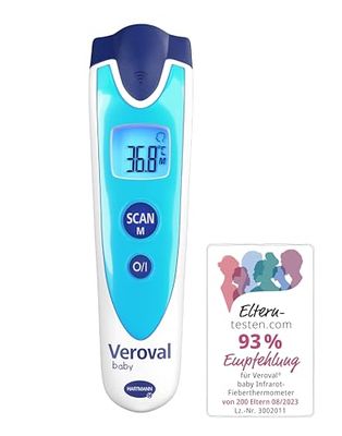 VEROVAL Dziecięcy termometr na podczerwień NIEBIESKI, bezdotykowy i cichy pomiar, temperatura ciała, temperatura obiektu, temperatura otoczenia, szybki pomiar, obsługa