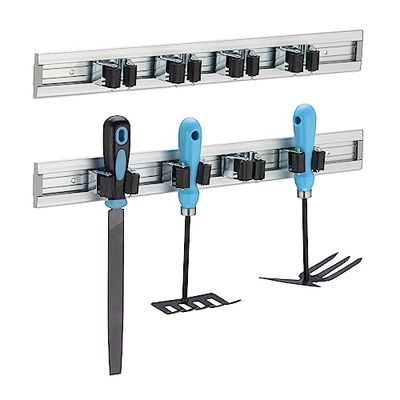 Relaxdays Porte-Outils Mural, Lot de 2, accroche-Balai, Outils de Jardin, Rangement Garage, Pinces, Aluminium, argenté