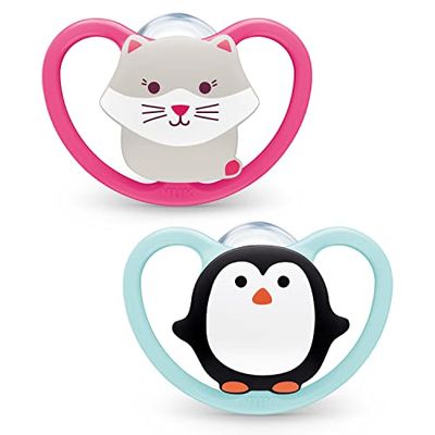 NUK Space Chupeta, 18-36 meses | Chupetes com ventilação adicional para peles sensíveis, silicone sem BPA, gato/pinguim | 2 unidades