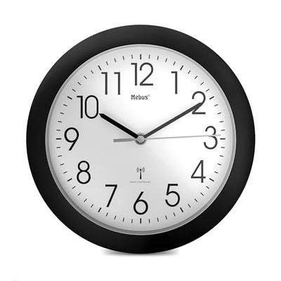 Mebus Radiogestuurde wandklok met zwart frame en 25 cm diameter/Kleur: zwart/model 52450