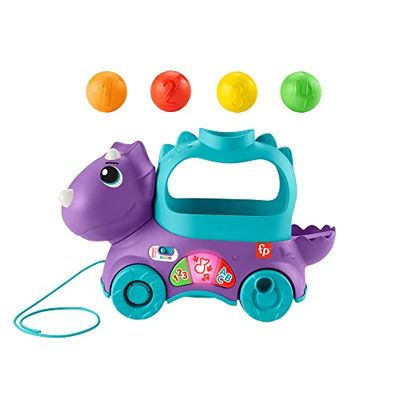 Fisher-Price Dinosaurio de juguete de arrastre con bolas, luces y sonidos, para bebés +1 año, Versión: Francés, HNR56