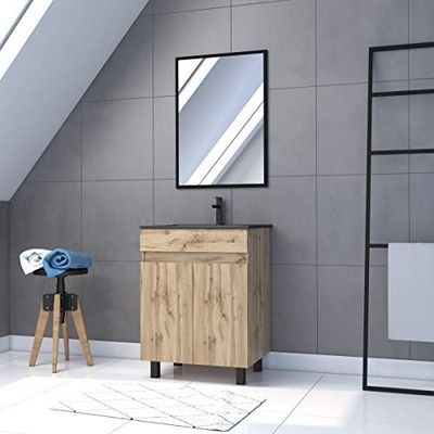 AURLANE Pacchetto mobile SDB 60 cm su 2 ante Chene_Vasque Nero + Specchio – Timber 60_Pack01