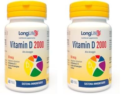 LongLife® Vitamin D 2000 | Vitamina D3 naturale in olio EVO | Alto dosaggio | Difese immunitarie, salute di ossa e denti | Metabolismo del calcio | 2 mesi di trattamento | Senza glutine