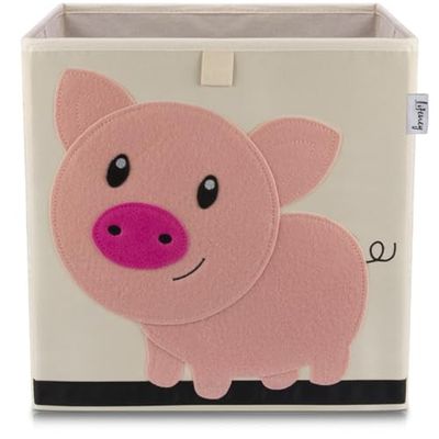 Lifeney 833366 Boîte de rangement cochon, Coffre à jouet, Feutre, Polyester, Beige, Coloré, 33 x 33 x 33 cm