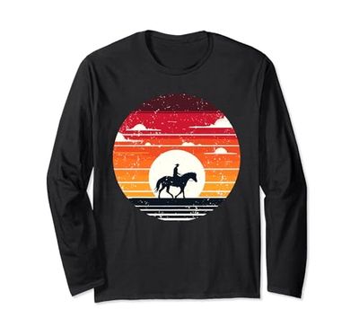 Retro Sunset Horse Riding Horseback Riding Equestrian Horses Maglia a Manica