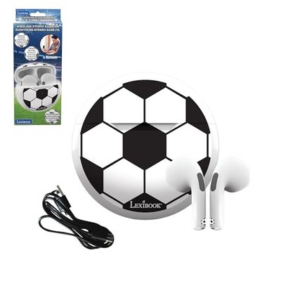 Lexibook, Football, Écouteurs stéréo sans Fil, Son de Haute qualité, Microphone intégré, Commandes tactiles, Boîtier de Recharge, Son limité à 85 DB, Noir/Blanc, HPBT05FO