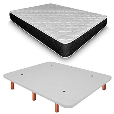 Duérmete Online Base imbottita 3D rinforzata anti rumore + materasso viscoelastico Pocket Visco | gambe in legno color ciliegio, bianco, 90 x 190 cm