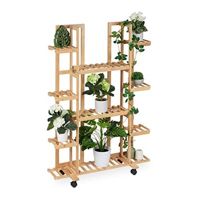 Relaxdays plantenrek bamboe, met 11 etages, van bamboe, HxBxD: ca. 130 x 89 x 30 cm, verrijdbaar, voor binnen, natuur