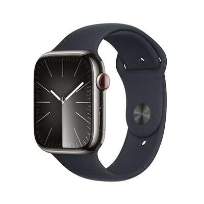 Apple Watch Series 9 GPS + Cellular 45mm Smartwatch con cassa in acciaio inossidabile color grafite e Cinturino Sport mezzanotte - M/L. Fitness tracker, app Livelli O₂, display Retina always-on