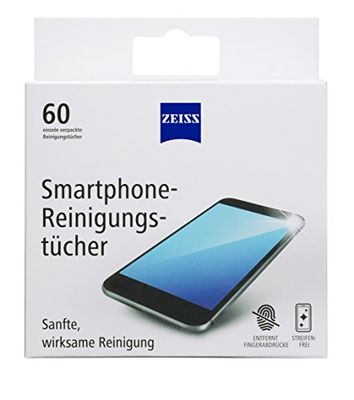 ZEISS Toalhetes de limpeza para smartphone sem álcool, 60 unidades para limpeza segura e eficaz de superfícies ópticas, cada pano embalado individualmente, ideal para viagens ou viagens