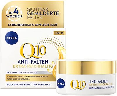 NIVEA Q10 Anti-rugas extra rico cuidado de dia (50 ml), creme de dia reafirmante para rugas suavizadas, cuidado facial intenso com óleo de argão puro Q10 e orgânico